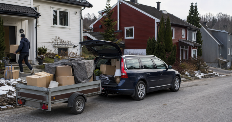 Przeprowadzka do Norwegii – samochód z przyczepą i kartonami